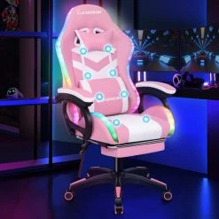 ELFORDSON Gaming Chair With RGB LED Light 8-Point Massage, Pink & White