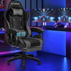 ELFORDSON Gaming Chair Lumbar Massage With Footrest, Grey & Black