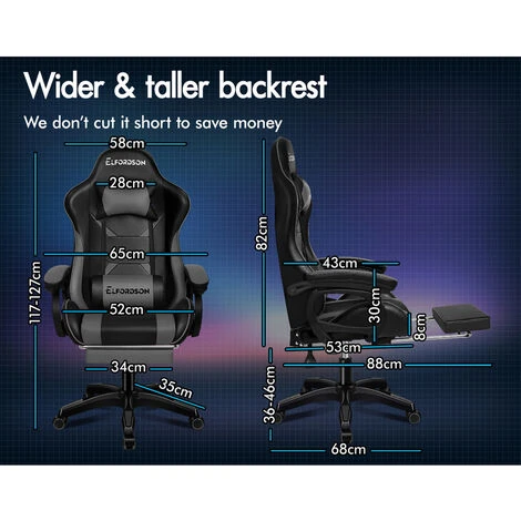 ELFORDSON Gaming Chair Lumbar Massage With Footrest, Grey & Black - Image 3