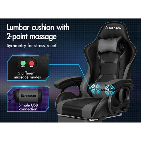 ELFORDSON Gaming Chair Lumbar Massage With Footrest, Grey & Black - Image 5