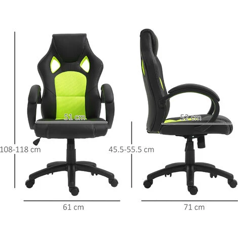 HOMCOM Racing Gaming Chair Swivel Home Office Gamer Desk Chair W/ Wheels, Green - Image 2