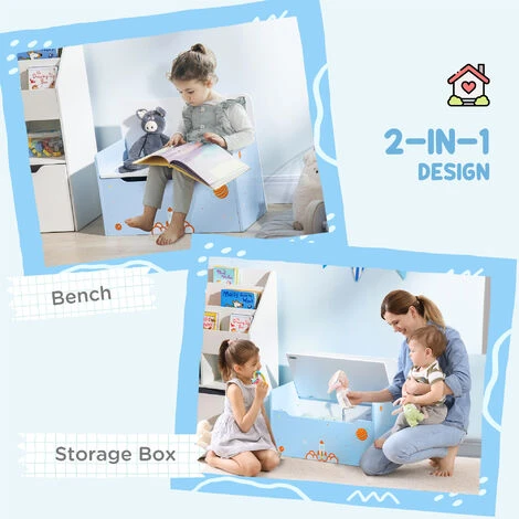 ZONEKIZ 2 In 1 Wooden Kids Storage Bench, Toy Box W/ Safety Rod - Blue - Image 4