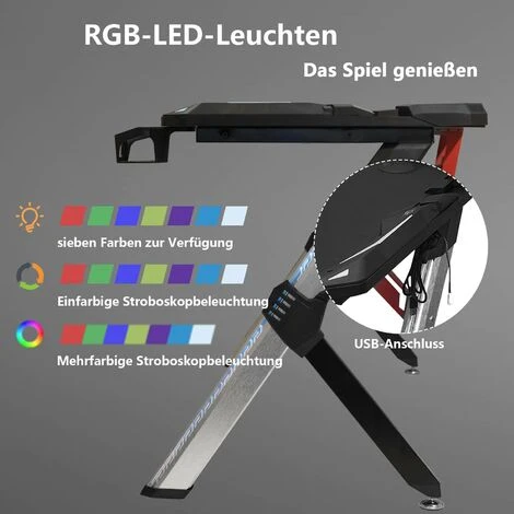 WOLTU Gaming Desk LED Black Computer Racing Table With Cup Holder Headphone Hook Black - Image 4