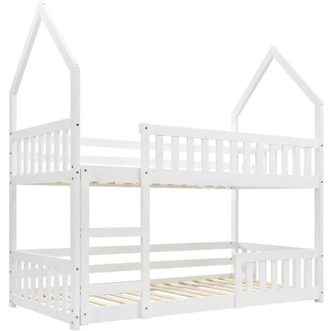 ModernLuxe Bunk Bed House Bed Kid Bed 3FT Single Bed Wooden Bed Frame For Kids With Ladder And Guard Rail 90x190 Cm White - Image 3