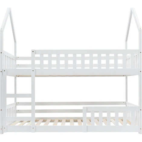 ModernLuxe Bunk Bed House Bed Kid Bed 3FT Single Bed Wooden Bed Frame For Kids With Ladder And Guard Rail 90x190 Cm White - Image 4