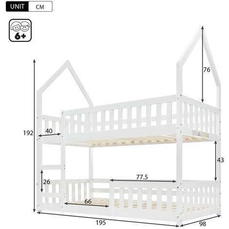 ModernLuxe Bunk Bed House Bed Kid Bed 3FT Single Bed Wooden Bed Frame For Kids With Ladder And Guard Rail 90x190 Cm White - Image 5