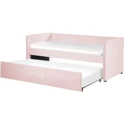Beliani Trundle Bed Light Pink Glam Velvet Upholstery Slats EU Single Troyes