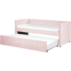 Beliani Trundle Bed Light Pink Glam Velvet Upholstery Slats EU Single Troyes