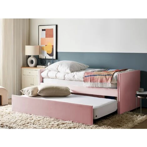 Beliani Trundle Bed Light Pink Glam Velvet Upholstery Slats EU Single Troyes - Image 2