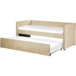 Beliani Trundle Bed Beige Glam Velvet Upholstery Slats EU Single Troyes
