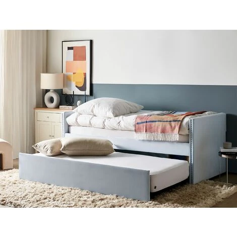 Beliani Trundle Bed Light Blue Glam Velvet Upholstery Slats EU Single Troyes - Image 2
