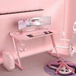 Devoko Z Shaped Gaming Desk Carbon Fiber Desktop PC Computer Desk Office Desk,Pink