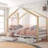 ModernLuxe 3 FT Single Bed Frame Kid House Bed With Storage Two Drawers Tree House Solid Pine Wood 90x190 Cm White And Natural