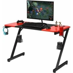 Costway Large Computer Gaming Desk Carbon Fiber Surface Z-Shaped Professional Game Table