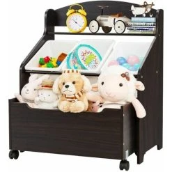 Costway Kids Toy Storage Unit Rolling Wooden Bookcase Organizer With Removable Bins