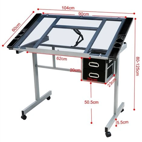 Yaheetech Adjustable Drafting Drawing Craft Table Art Glass Desk W/Storage Drawers, Black - Image 5