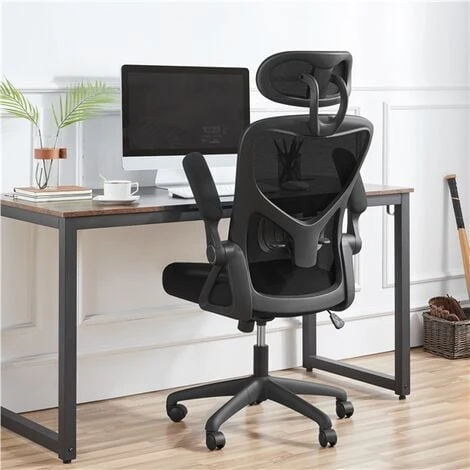 Yaheetech Mesh Office Chair With Folding Padded Armrests,High Back Ergonomic Desk Chair, Black - Image 2