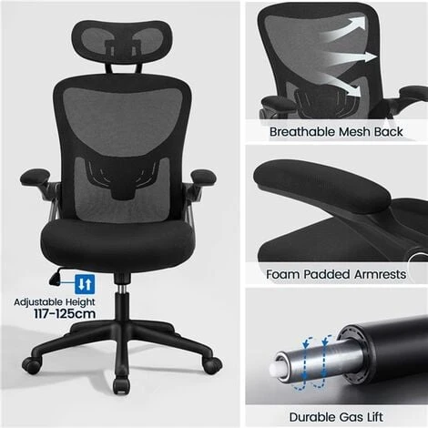 Yaheetech Mesh Office Chair With Folding Padded Armrests,High Back Ergonomic Desk Chair, Black - Image 3