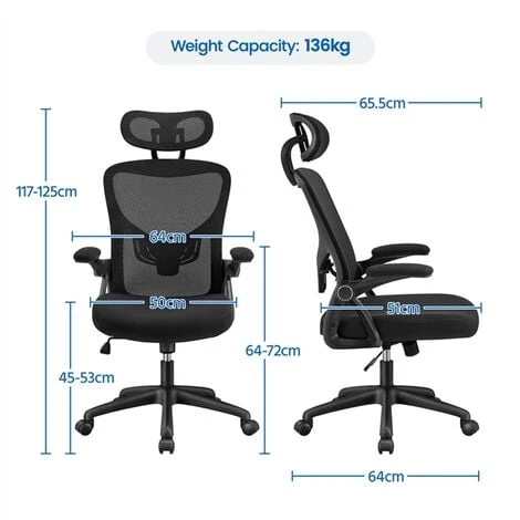 Yaheetech Mesh Office Chair With Folding Padded Armrests,High Back Ergonomic Desk Chair, Black - Image 5