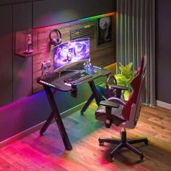 Unho 100cm Gaming Desk Computer Table PC Laptop RGB LED Lights Racing Gamer Workstation