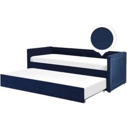 Beliani Corduroy Fabric EU Single Trundle Bed Frame Nailhead Trim 3ft Navy Blue Mimizan