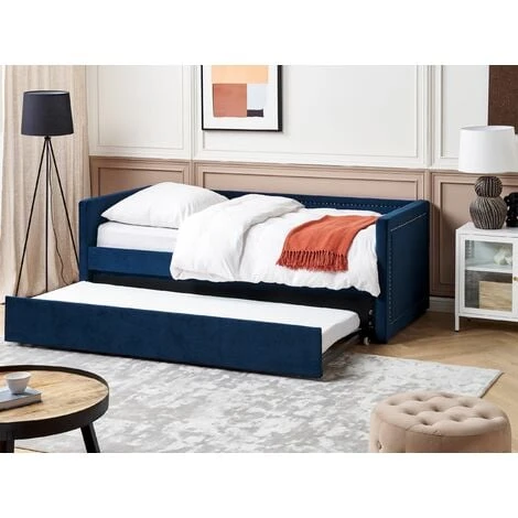 Beliani Corduroy Fabric EU Single Trundle Bed Frame Nailhead Trim 3ft Navy Blue Mimizan - Image 2