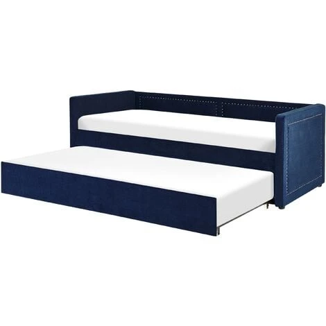 Beliani Corduroy Fabric EU Single Trundle Bed Frame Nailhead Trim 3ft Navy Blue Mimizan - Image 4