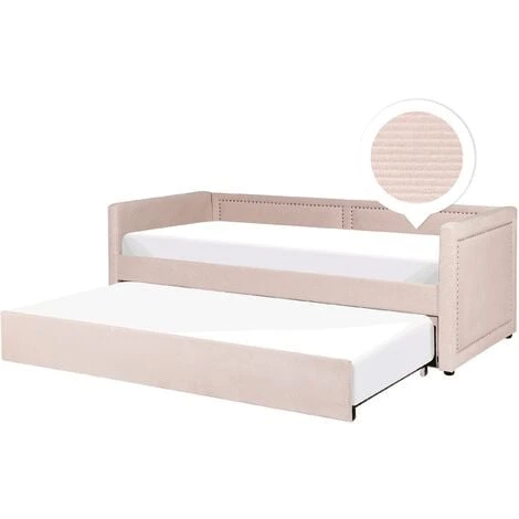 Beliani Modern Fabric EU Single Trundle Bed Frame Nailhead Trim 3ft Pink Mimizan