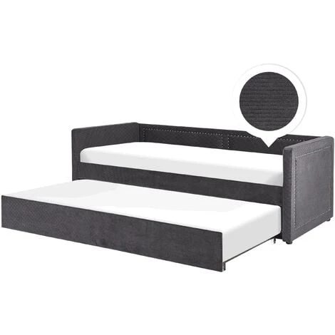Beliani Modern Corduroy EU Single Trundle Bed Frame Nailhead Trim 3ft Dark Grey Mimizan