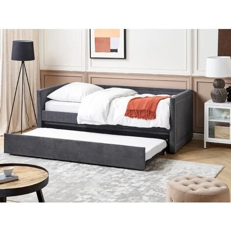 Beliani Modern Corduroy EU Single Trundle Bed Frame Nailhead Trim 3ft Dark Grey Mimizan - Image 2