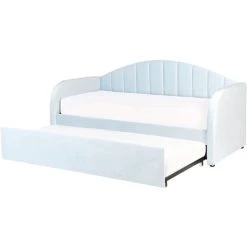 Beliani Trundle Bed Velvet Upholstery Slatted Base EU Single Light Blue Eyburie