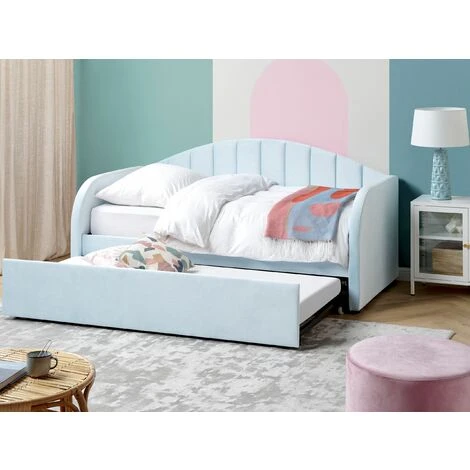 Beliani Trundle Bed Velvet Upholstery Slatted Base EU Single Light Blue Eyburie - Image 2