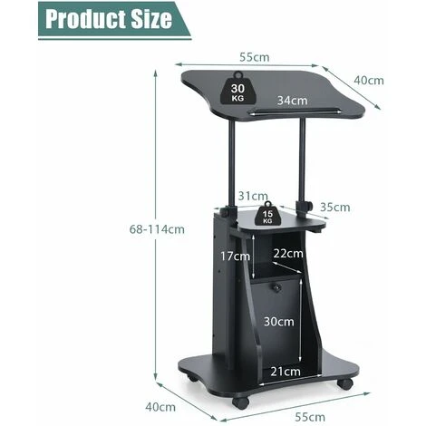 Costway Mobile Laptop Table Height Adjustable Sit Stand Computer Desk Presentation Cart - Image 2