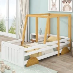 ModernLuxe Children Car Bed Frame Children's Bed With Wheels Jeep Bed Pine Frame, White + Natural, 90x190cm