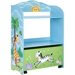 Fantasy Fields Sunny Safari Toy Organizer With Rolling Storage Box - L62 X W29 X H90 Cm - Blue/Multi Color