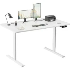 Devoko Standing Desk 140CM Electric Height Adjustable Desk Stand Up Home Office Computer Desk T-Shaped Metal Bracket Desk With Wood Tabletop And Memory Settings,White