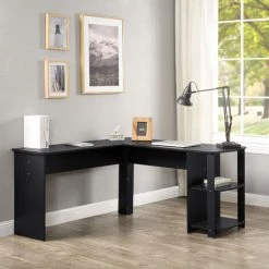 ModernLuxe Corner Desk L-Shaped Computer Desk With 2-Tier Shelves, Workstation Gaming Desk Home Office Desk, Black