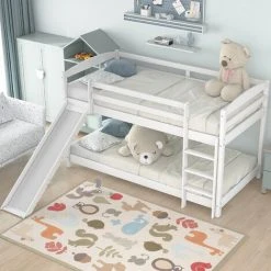 QHJ Single Bunk Bed With Convertible Slide And Ladder,White