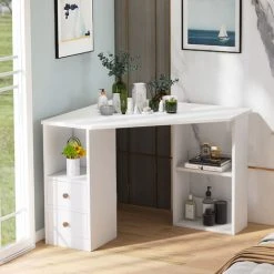 Abrihome L-Computer Desk Corner Computer Desk With Large Storage Space Study Desk Laptop Table For Home Office, White