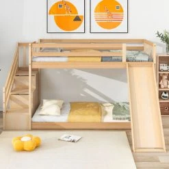 Abrihome Bunk Bed With Stairs And Slide, Solid Pine Wood Frame, Children Bed With Drawers In The Steps,90x190cm, Natural