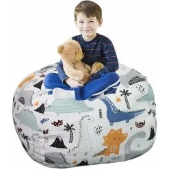 NICEONE Kids Stuffed Animal Storage Bean Bag Chair Cover, Canvas Stripe Kids Toy Organizer Zipper Pouf (Dinosaur, 38)
