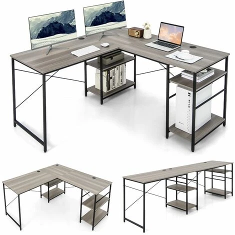 Costway L-Shaped Corner Computer Desk Study Writing Desk Workstation With Storage Shelf
