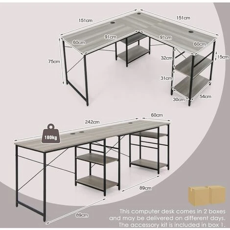 Costway L-Shaped Corner Computer Desk Study Writing Desk Workstation With Storage Shelf - Image 2
