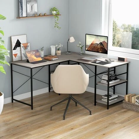 Costway L-Shaped Corner Computer Desk Study Writing Desk Workstation With Storage Shelf - Image 3