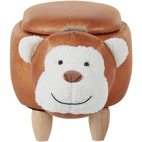 Beliani Modern Faux Leather Stool Distressed Solid Wood Animal Brown Monkey - Image 4