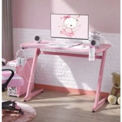 UNIQUEHOMEFURNITURE Girls Gaming Desk Pink Racing Computer Workstation Kids Home Office Study Table