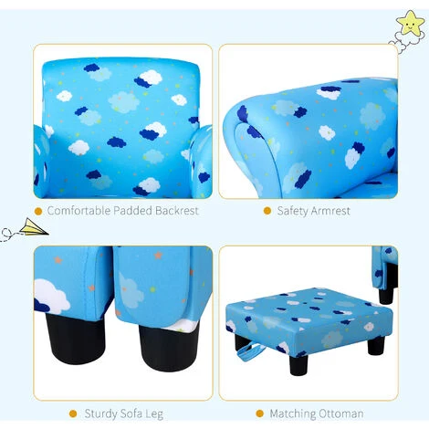 HOMCOM Cute Cloud Star Child Armchair Seat Wood Frame W/ Footrest Padding Blue - Image 4