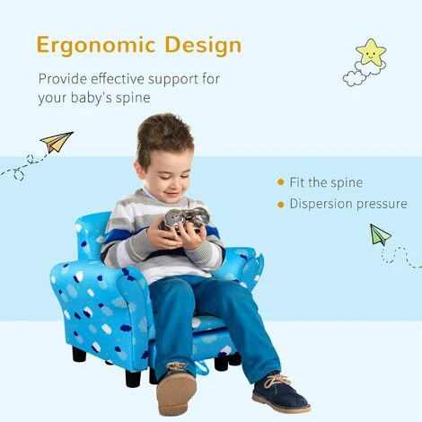 HOMCOM Cute Cloud Star Child Armchair Seat Wood Frame W/ Footrest Padding Blue - Image 5