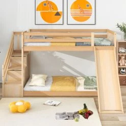 SWEEVT Children's Cabin Bed Frame With Slide & Ladder, Bunk Bed For Kids With Ladder And Slide (Natural, 190x90cm)