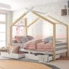 SWEEVT Single Bed Frame Kid House Bed With Storage Two Drawers Tree House Solid Pine Wood 90x190 Cm White And Natural,3TF